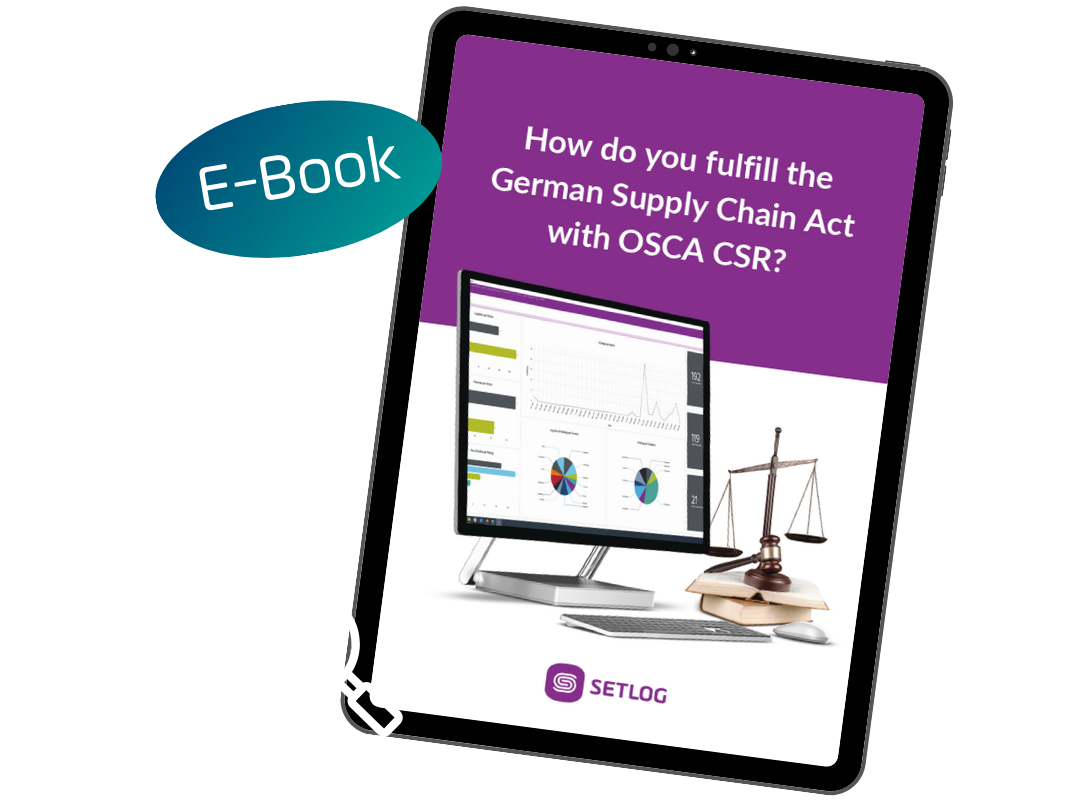 Preview image for the e-book “How to comply with the Supply Chain Act with OSCA CSR” on a tablet