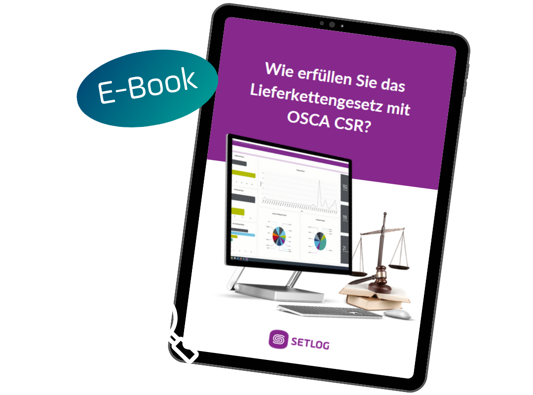 Vorschaubild für das E-Book "Wie erfüllen Sie das Lieferkettengesetz mit OSCA CSR" auf einem Tablet